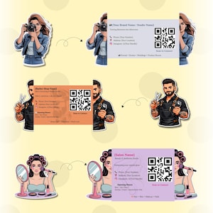 Può includere: Un set di biglietti da visita illustrati per un fotografo, un barbiere e un salone di bellezza. Ogni biglietto presenta un codice QR, informazioni di contatto e un'illustrazione stilizzata della professione. Lo sfondo è giallo chiaro.