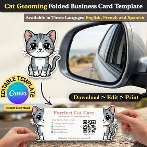 Puede incluir: Plantilla de tarjeta de visita plegada para servicios de peluquería felina. El diseño presenta un gato de dibujos animados y el texto "Purrfect Cat Care". La tarjeta está disponible en inglés, francés y español. Plantilla editable con Canva, descarga instantánea.