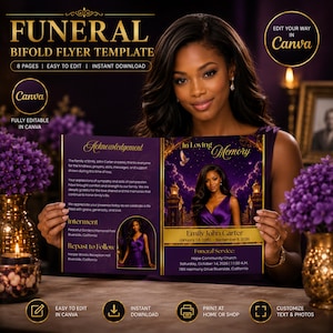 May include: A bifold funeral flyer template featuring a purple and gold design with the text In Loving Memory, Emily John Carter, and details for a funeral service. The layout includes an acknowledgement section, interment details, and a photo placeholder.