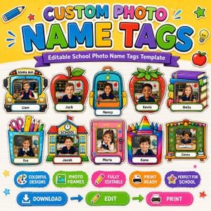 Puede incluir: Una plantilla digital para etiquetas de nombre personalizadas con fotos escolares, que incluye diez marcos coloridos e ilustrados con formas de autobús escolar, manzana, mochila, fresa, libros, portalápices, escuela, casillero y pizarra.
