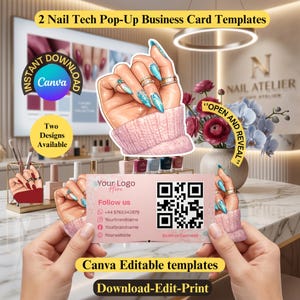 Könnte beinhalten: Pop-up-Visitenkarten-Vorlage für Nageltechniker. Das Design zeigt eine Hand mit langen, türkisfarbenen Nägeln und Ringen, die eine rosa Visitenkarte hält. Die Karte enthält einen QR-Code und Social-Media-Handles. Text: "Canva Editable templates".