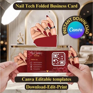 Op de afbeelding: Een gevouwen visitekaartje voor nagelstylisten, met een handillustratie met rode nagels en ringen. De kaart toont "Your Logo Here", contactgegevens en een QR-code. Het ontwerp bevat ook de tekst "Canva Editable templates" en "Download-Edit-Print".