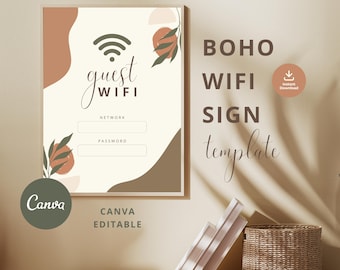 WiFi Sign Template Editable Guest Password Printable Boho Style (Canva Template)
