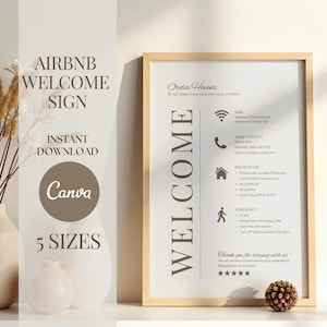 Puede incluir: Un letrero de bienvenida de Airbnb enmarcado con la palabra "WELCOME" verticalmente a la izquierda. El letrero incluye el nombre del anfitrión, información de contacto, reglas de la casa e instrucciones de salida. El letrero está en un marco de madera clara.
