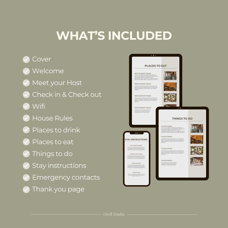 May include: Digital display of a guide titled "What's Included" with a list of topics, including "Places to Eat" and "Things to Do." The guide is displayed on a tablet and a smartphone, with a neutral background.