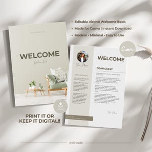 May include: A light beige Airbnb welcome book with the word "WELCOME" in large, dark gray letters. The book is open, displaying a page with a photo and text. The cover features a minimalist interior design illustration.