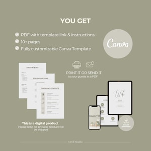 May include: Digital product advertisement with text "YOU GET" and bullet points. Includes a Canva logo, a tablet, a phone, and printed documents. Text includes "Print it or send it to your guests as a PDF."