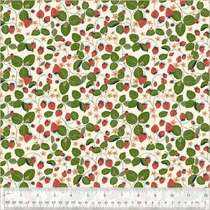 May include: A white background with a repeating pattern of red strawberries and green leaves. The strawberries are arranged in a random pattern and are surrounded by small white flowers.
