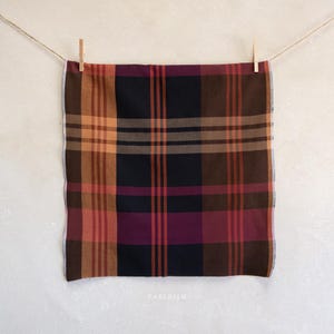 May include: A square fabric with a plaid pattern in shades of brown, orange, red, and black is suspended from a clothesline with a wooden clothespin. The fabric has a raw edge and a visible weave.