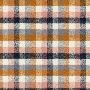 May include: A white fabric with a plaid pattern in shades of pink, brown, blue, and gray.