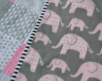 Pink Patchwork Elephant Baby Quilt