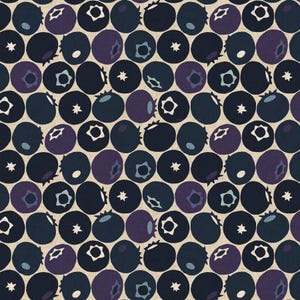 May include: A repeating pattern of stylized blueberries in shades of navy, dark purple, and light blue on a beige background. The blueberries have white star or square-shaped accents. The design is suitable for fabric or wallpaper.
