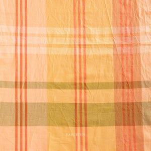Puede incluir: Primer plano de una tela texturizada con un patrón de cuadros. El diseño presenta rayas verticales y horizontales en tonos naranja, melocotón y verde oliva. La palabra "FABLEISM" está impresa en blanco en la esquina inferior derecha.