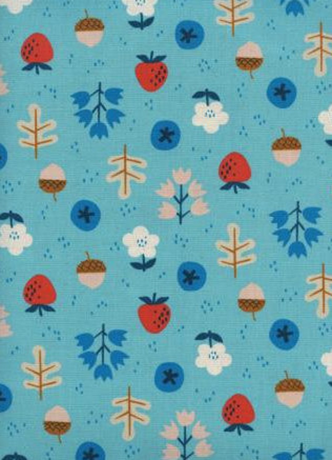 Welsummer Forage Bright Blue Unbleached Cotton Fabric / Cotton and