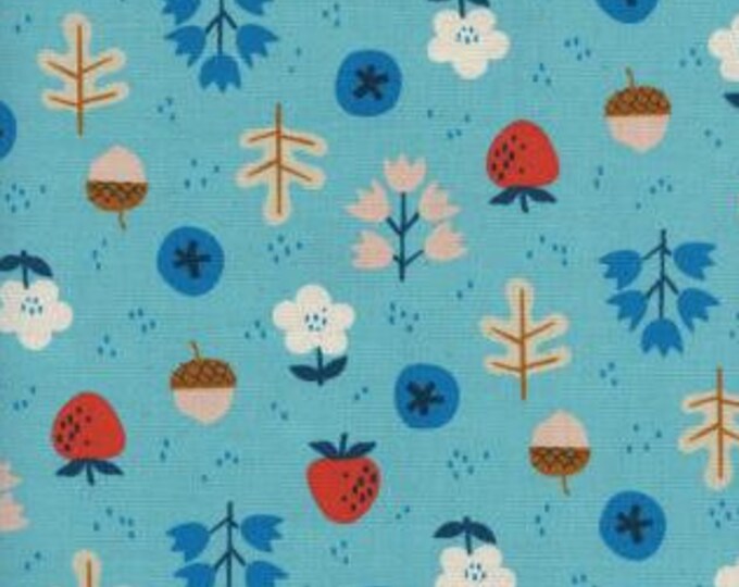 Welsummer Forage Bright Blue Unbleached Cotton Fabric / Cotton and
