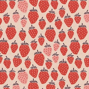 May include: A repeating pattern of red and pink strawberries with green stems on a beige background. The strawberries vary in size and are evenly spaced, creating a playful and summery design.
