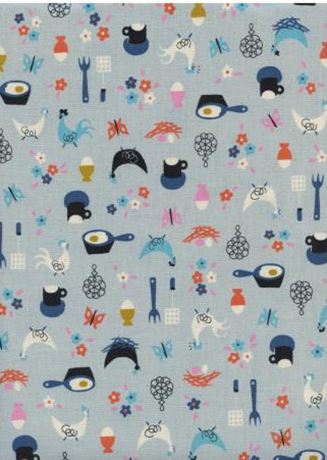Welsummer Kitchen Kitsch Light Blue Unbleached Cotton Fabric / Cotton
