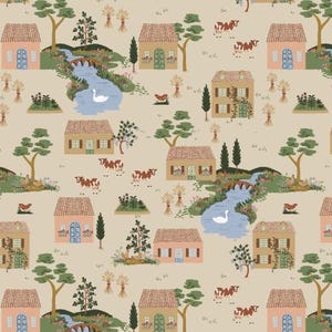 May include: A repeating pattern featuring a pastoral scene with houses, cows, trees, and a river. The houses have red tile roofs and are in shades of pink, green, and tan. Cows are brown and white. The background is a light beige.