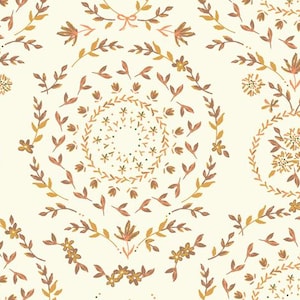 Può includere: Uno schema senza cuciture con un design ripetitivo di ghirlande floreali stilizzate in tonalità di marrone, arancio e giallo su uno sfondo crema.