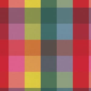 May include: A textile fabric featuring a repeating grid pattern of multicolored squares. The design includes vibrant shades of red, yellow, orange, pink, purple, green, and blue arranged in a structured, symmetrical checkerboard layout.