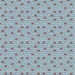 May include: A seamless pattern featuring a repeating design of red ladybugs with black spots on a light blue background. The ladybugs are scattered throughout the pattern, which also includes a series of white semi-circles.