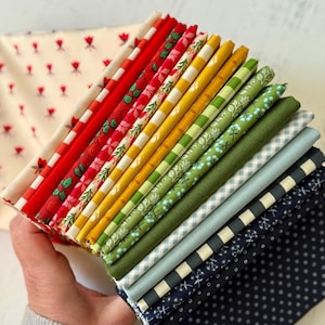 May include: A collection of folded fabric squares in various colors and patterns. The fabrics include red stripes, floral prints, and polka dots. The fabrics are held in a hand.