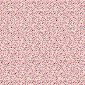 Puede incluir: Patrón repetitivo de pequeñas flores rosas, puntos turquesa y hojas verdes sobre un fondo crema. El diseño floral está densamente empaquetado, creando una apariencia texturizada. Adecuado para tela o papel pintado.