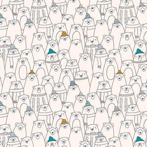 Può includere: Motivo ripetuto di orsi bianchi dei cartoni animati con contorni neri. Gli orsi indossano cappelli e sciarpe di vari colori, tra cui blu, giallo e grigio. Lo sfondo è di colore beige chiaro.