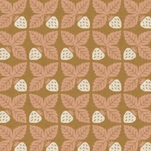 May include: A seamless pattern featuring pink and white strawberries on a brown background. The strawberries are stylized with a simple design and are repeated throughout the pattern.