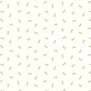 May include: A seamless pattern of yellow and blue scissors on a white background.