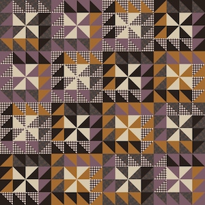 May include: A quilt featuring a repeating pinwheel block pattern composed of fabric squares in shades of purple, mustard yellow, black, and cream. The design incorporates solid colors alongside small-scale gingham and floral print fabric textures.