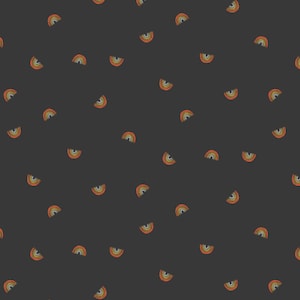 May include: A seamless pattern featuring a repeating design of half-circle rainbows in shades of orange, yellow, and blue on a dark gray background.
