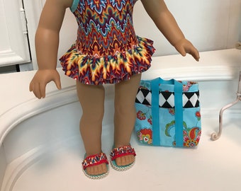 NEW! American Made One-piece double ruffled Swimsuit/ bag and sandals made to fit 18 inch dolls such as American Girl