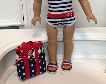 American Made Swimsuit / bag and sandals made to fit 18 inch dolls such as American Girl