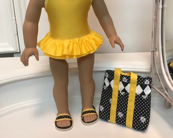 NEW! American Made One-piece double ruffled Swimsuit/ bag and sandals made to fit 18 inch dolls such as American Girl