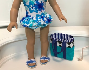 NEW! American Made One-piece double ruffled Swimsuit/ beach bag and sandals to fit 18 inch doll