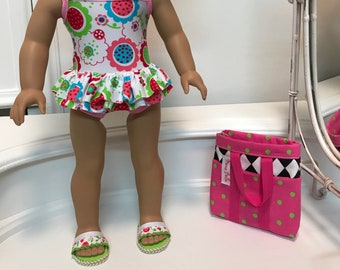 NEW! American Made One-piece double ruffled Swimsuit/beach bag and sandals made to fit 18 inch dolls such as American Girl