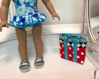 NEW! American Made One-piece double ruffled Swimsuit/ beach bag and sandals made to fit 18 inch dolls such as American Girl