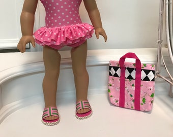 NEW! American Made One-piece double ruffled Swimsuit/ beach bag and sandals made to fit 18 inch dolls such as American Girl