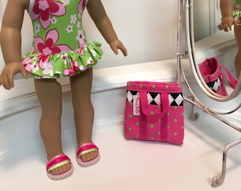 NEW! American Made One-piece double ruffled Swimsuit/ beach bag and sandals made to fit 18 inch dolls such as American Girl
