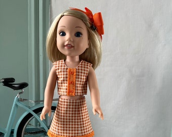 American Girl  Wellie Wishers 14.5 inch size doll, handmade reversible Six Grade skirt and top set with Sandals.