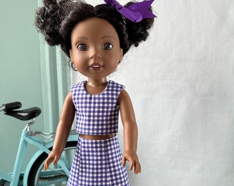 American Girl  Wellie Wishers 14.5 inch size doll, handmade reversible Six Grade skirt and top set with Sandals.