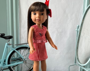 American Girl  Wellie Wishers 14.5 inch size doll, handmade reversible Six Grade skirt and top set with Sandals.