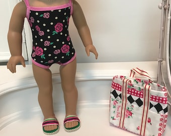 American Made Swimsuit/ bag and sandals made to fit 18 inch dolls such as American Girl