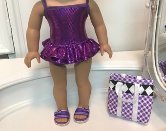 American made Suncatcher Swimsuit/ bag and sandals made to fit 18 inch dolls such as American Girl