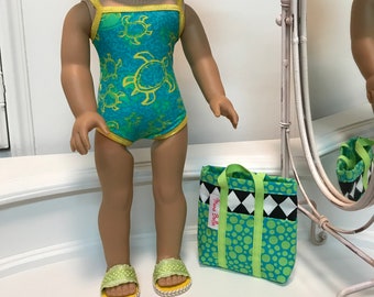 American Made Swimsuit/ beach bag and sandals made to fit 18 inch dolls such as American Girl