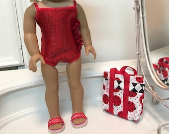 American Made Suncatcher Swimsuit/ beach bag and sandals to fit 18 inch doll