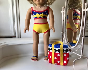 NEW! American Made Two-piece Swimsuit/ beach bag and sandals made to fit 18 inch dolls such as American Girl