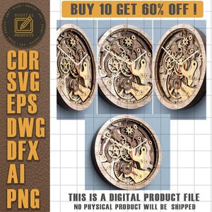 以下が含まれることがあります： 歯車とローマ数字が見える木製の時計が4つ。 時計は明るい茶色の木製フレームと詳細な機械的デザインです。 画像には「10個購入で60%オフ！」と「これはデジタル製品ファイルであり、物理的な製品は発送されません」というテキストも含まれています。