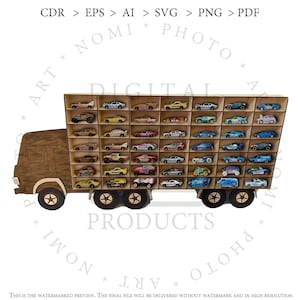 Puede incluir: Un camión de juguete de madera con múltiples compartimentos llenos de coches de juguete en miniatura de varios colores. El camión es marrón con ruedas negras y una parte delantera de color claro. La imagen incluye texto en la parte superior e inferior.